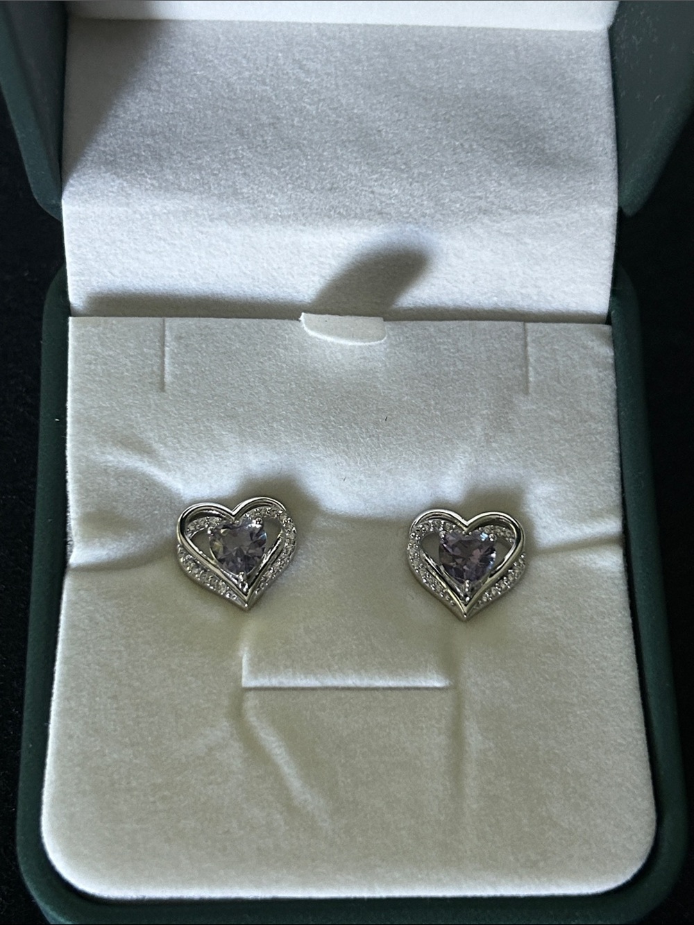 Heart-Shaped Stud Earrings with purple/Greenish Crystal and Silver color Halo